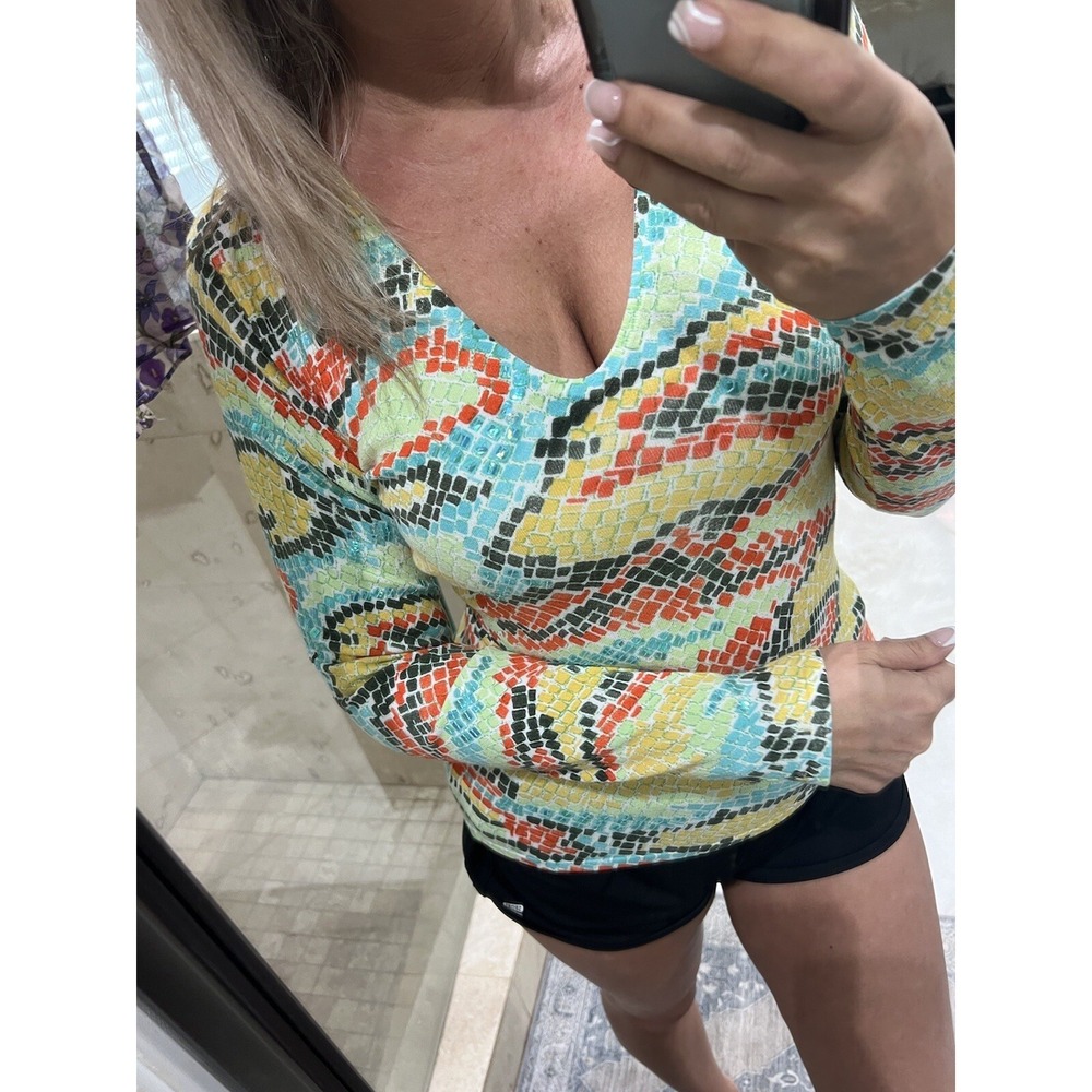 CACHE Colorful Knit Sweater Size M Floral Sequin Yellow Orange V-Neck Pullover